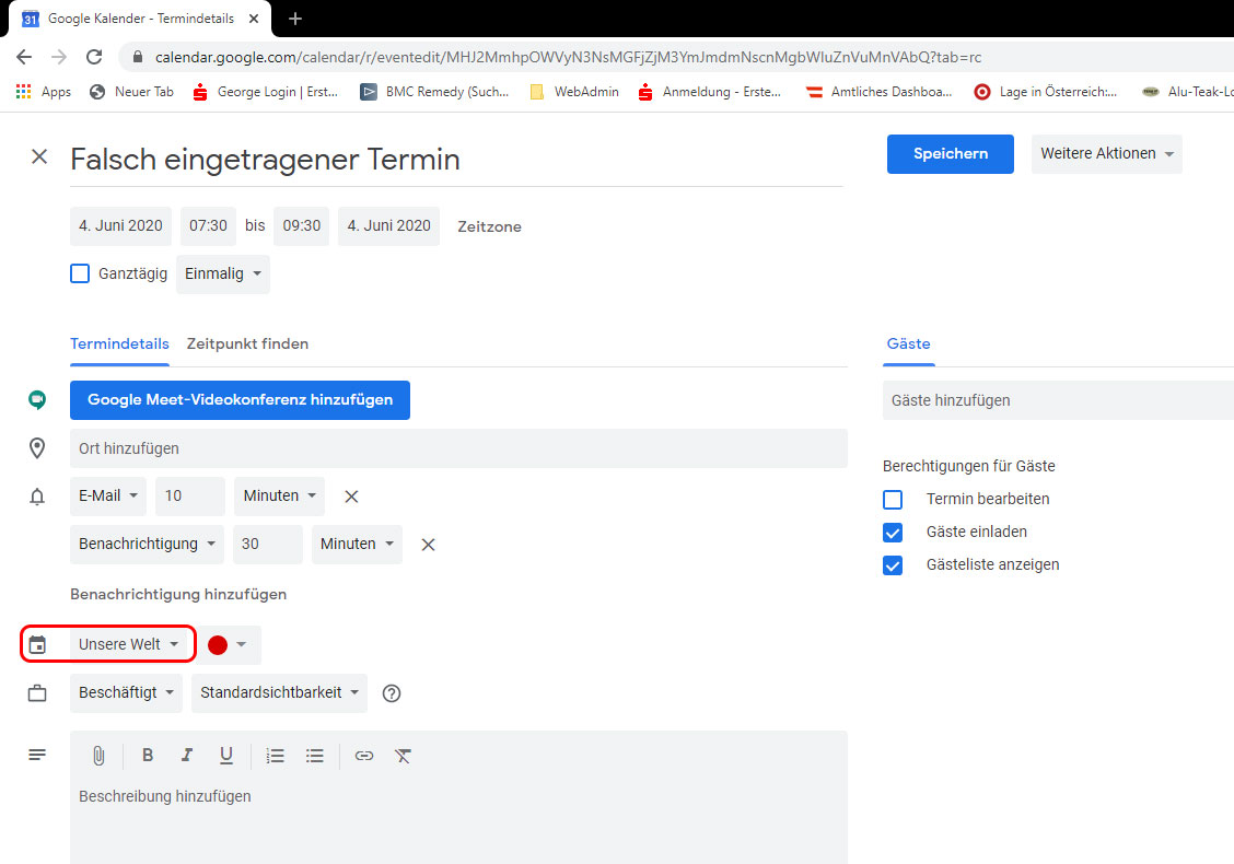 Google-Kalender: Falscher Kalender Bearbeitung