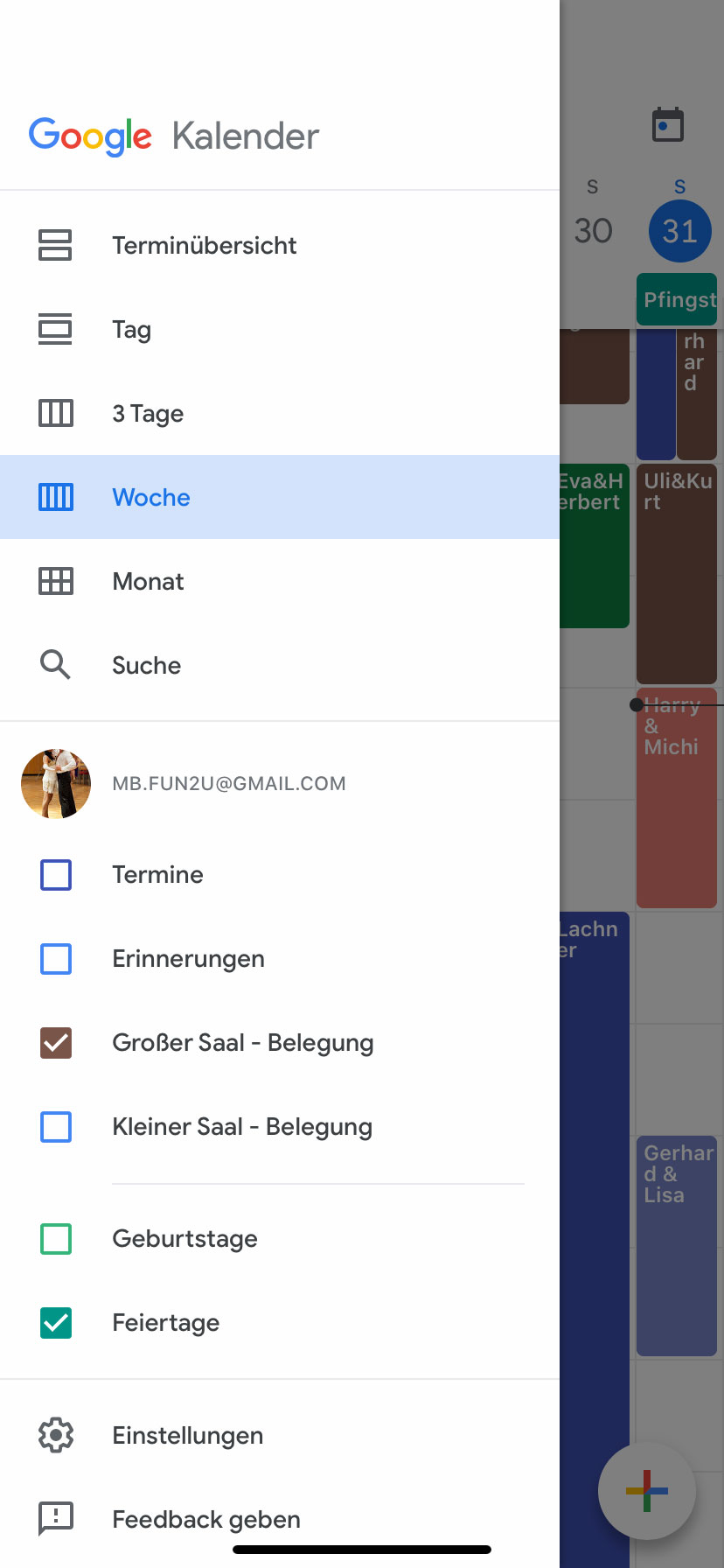 Google-Kalender: Großer Saal ausgewählt