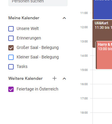 Google-Kalender: Großer Saal ausgewählt